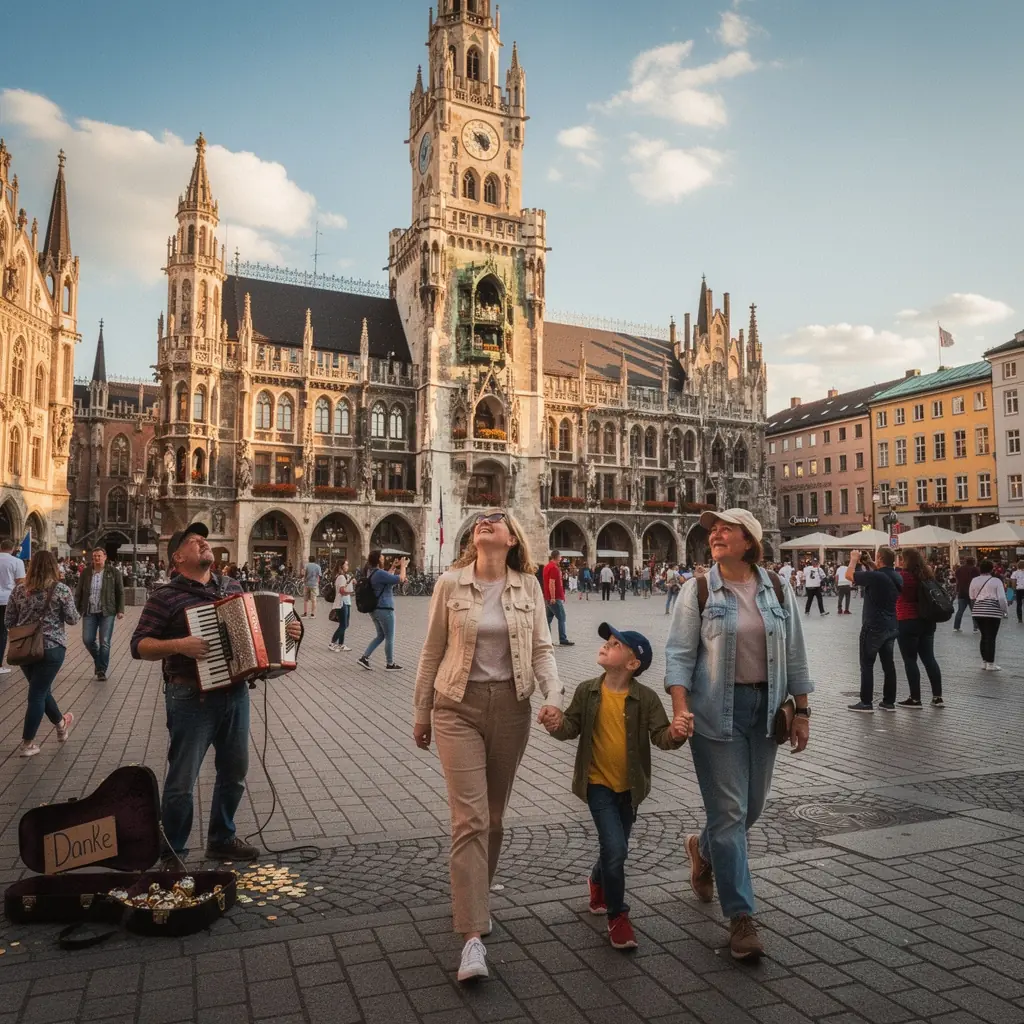 Eine Gruppe von Touristen, die Sehenswürdigkeiten in Hamburg mit einem Stadtführer erkundet.
